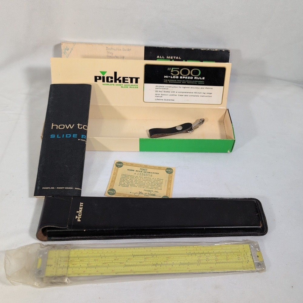 Vintage 1962 Pickett N-500-ES HI Log All Metal Slide Rule w/ Original Case & Box